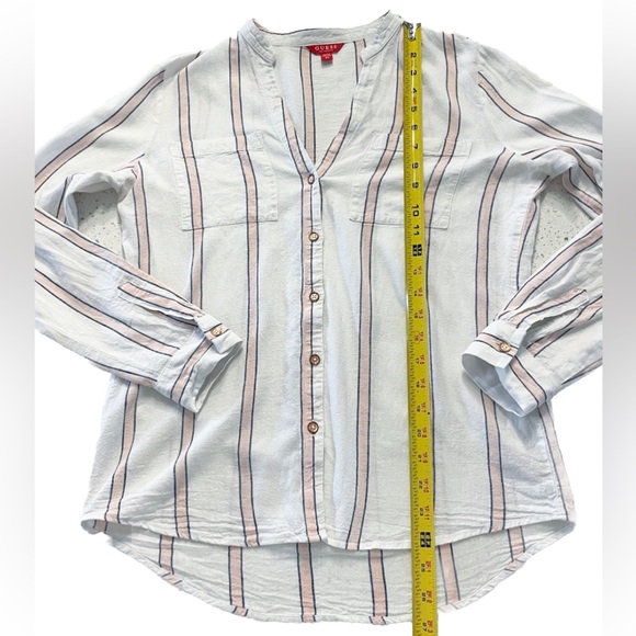 GUESS Women’s Striped Linen Button Down Shirt XS White Pink Roll Tab V-Neck - Picture 6 of 7